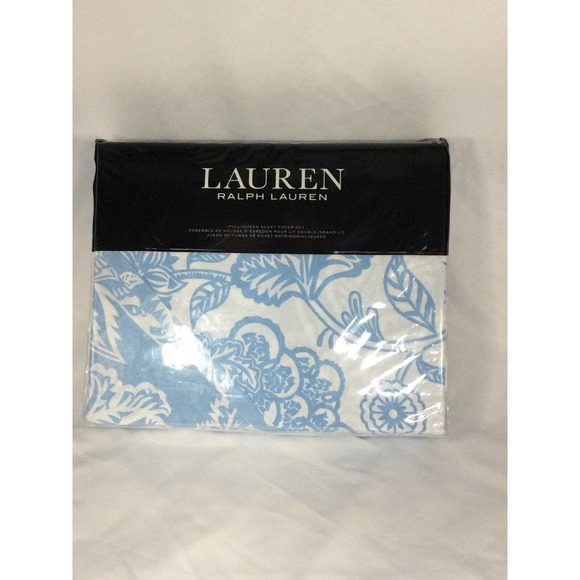 RALPH LAUREN White Aqua Blue Joanna Floral 3 Piece Full/Queen Duvet Shams Set - Picture 1 of 10